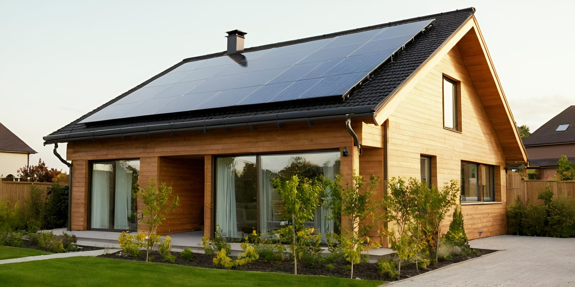 Modernes Holzhaus mit Solardach.